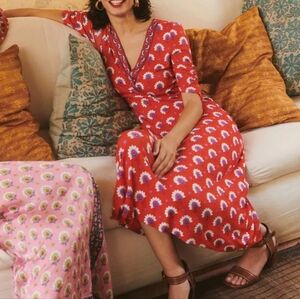 Boden 6 Rebecca Jersey Midi Tea Dress Passion Geo Orange Print